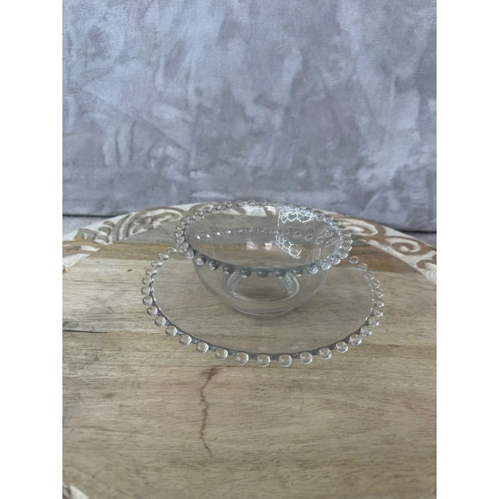 Vintage‎ Style Clear Glass Beaded Rim Bowl and Underplate Set Candlewick Style